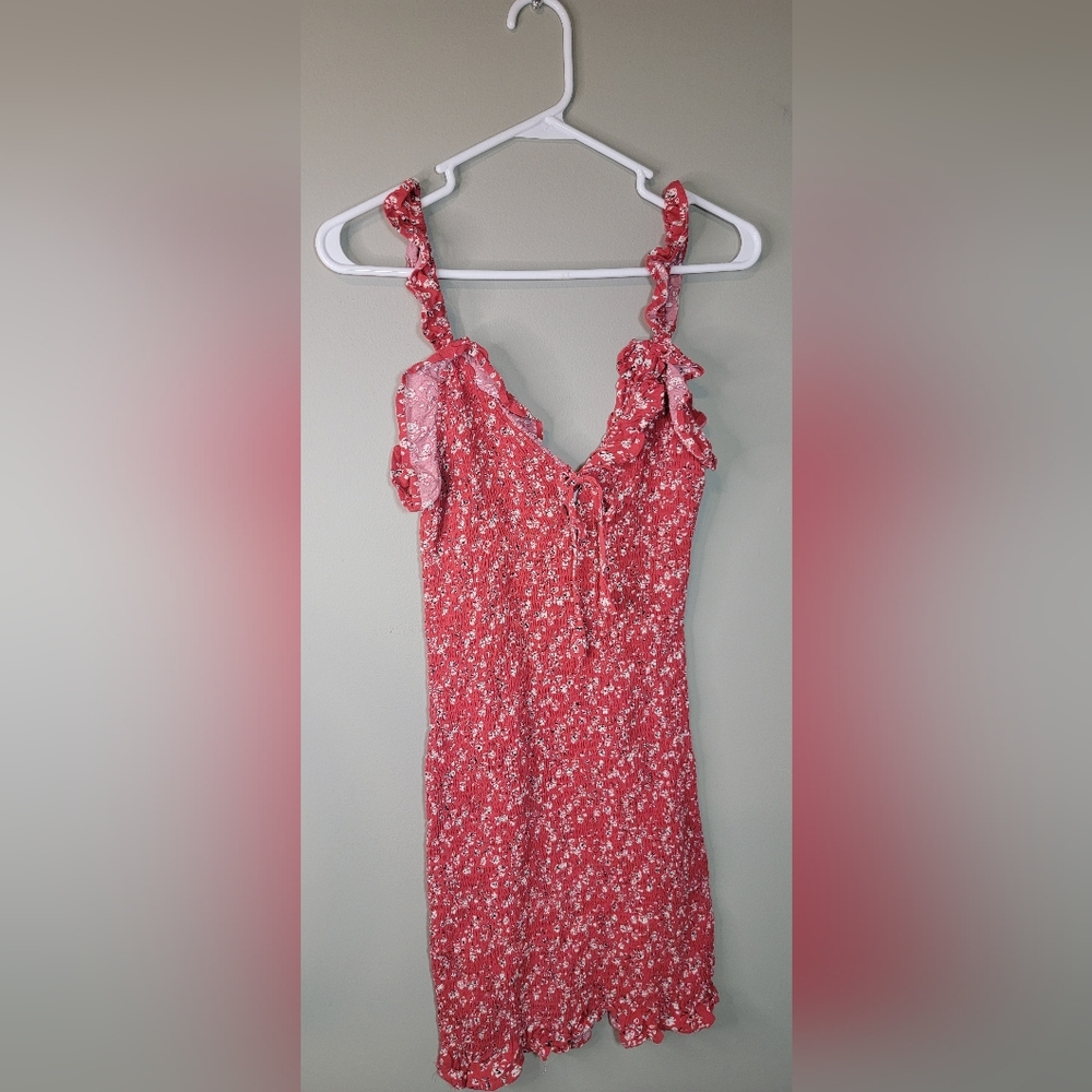Japna Red Floral Midi Dress Smocked Bodice  Size XS